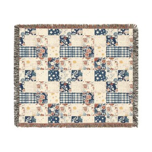 Americana Patchwork Quilt Style Blanket, Woven Cotton Jacquard Throw, Vintage Cottage Bedding, Heirloom Americana 1776 Textile image 7