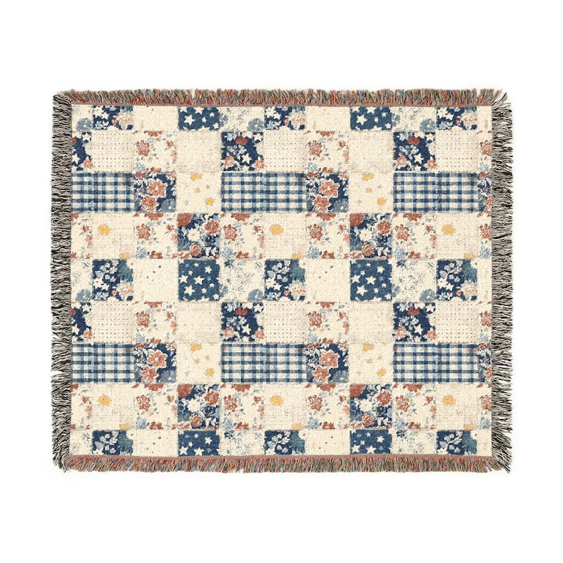Americana Patchwork Quilt Style Blanket, Woven Cotton Jacquard Throw, Vintage Cottage Bedding, Heirloom Americana 1776 Textile image 7