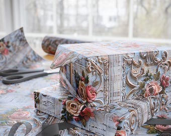 Shabby Chic Floral Wrapping Paper, Rustic Cottagecore Gift Wrap, Elegant Vintage Rose Wedding Shower Birthday Anniversary Packaging