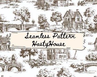 Toile Cottage Homes Seamless Pattern | Country Cottagecore Digital Download | 300 DPI JPG File | Commercial Use