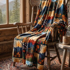 Puede incluir: Una colorida manta sobre una silla de madera. La manta presenta un dise&ntilde;o de patchwork con motivos de monta&ntilde;as, sol y flores en tonos azules, naranjas y verdes. Una taza a juego con un dise&ntilde;o de sol est&aacute; sobre una peque&ntilde;a mesa de madera.