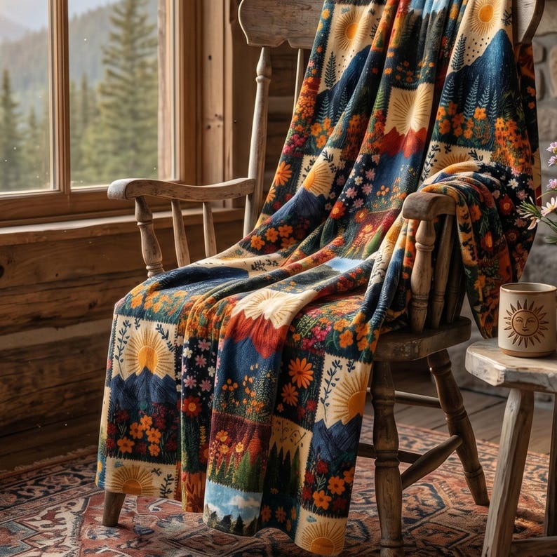 Puede incluir: Una colorida manta sobre una silla de madera. La manta presenta un dise&ntilde;o de patchwork con motivos de monta&ntilde;as, sol y flores en tonos azules, naranjas y verdes. Una taza a juego con un dise&ntilde;o de sol est&aacute; sobre una peque&ntilde;a mesa de madera.