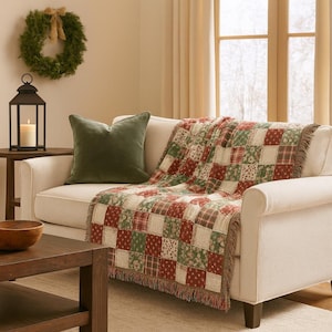 Weihnachtliche Steppdecke, gewebte Decke im Cottagecore-Jacquard-Stil mit Fransen, Vintage-Patchwork-Stil