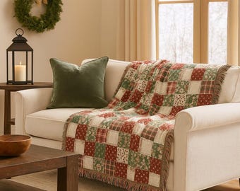 Coperta natalizia trapuntata, plaid in cotone jacquard stile cottagecore con frange, decorazione per la casa in stile patchwork vintage