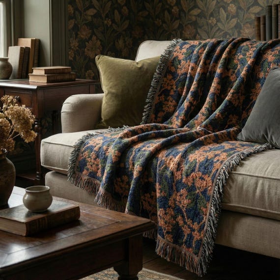 Moody Floral Woven Throw Blanket, William Morris Inspired Cottagecore Home Decor Cottage, Botanical Decor | Housewarming or Wedding Gift