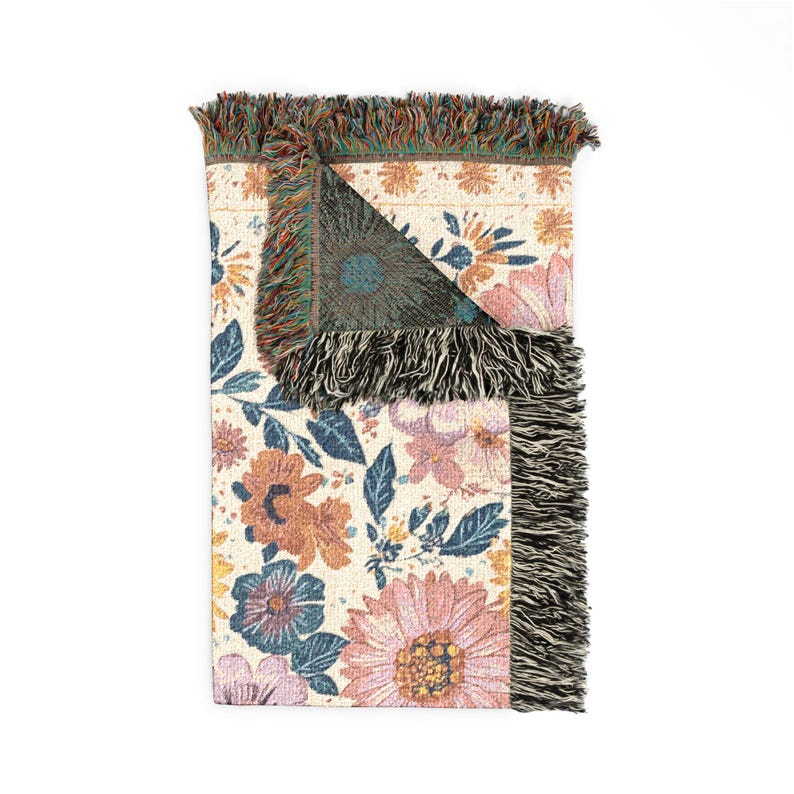 Vintage Floral Woven Blanket, Cottage Garden Throw, Botanical Cotton Blanket, Cottagecore Home Decor, Housewarming Gift for Gardener image 6