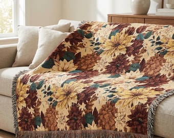 Autumn Floral Jacquard Woven Blanket, Cozy Fall Decor Throw, Cottagecore Home Accent, Thanksgiving Hostess Gift