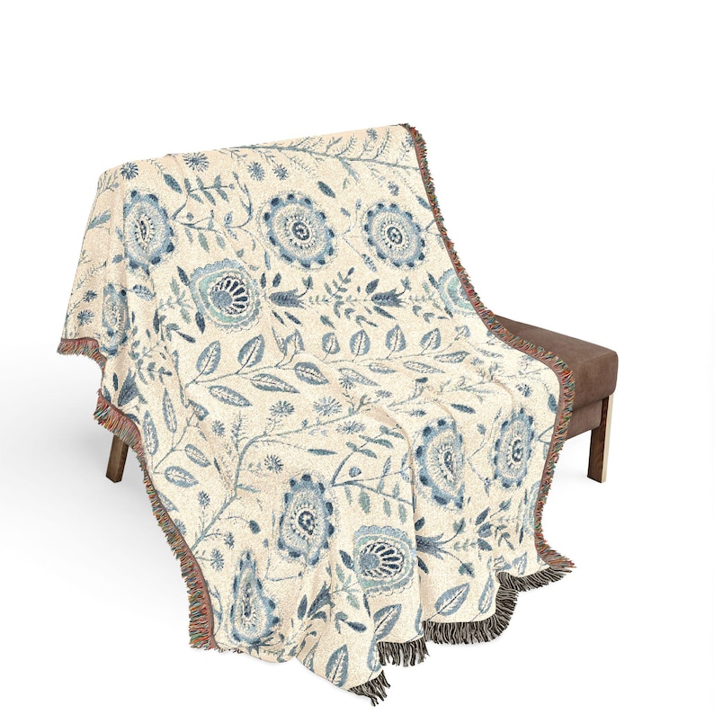 Coperta in cotone intrecciato a fiori con frange, copriletto o divano in stile cottage di famiglia immagine 6