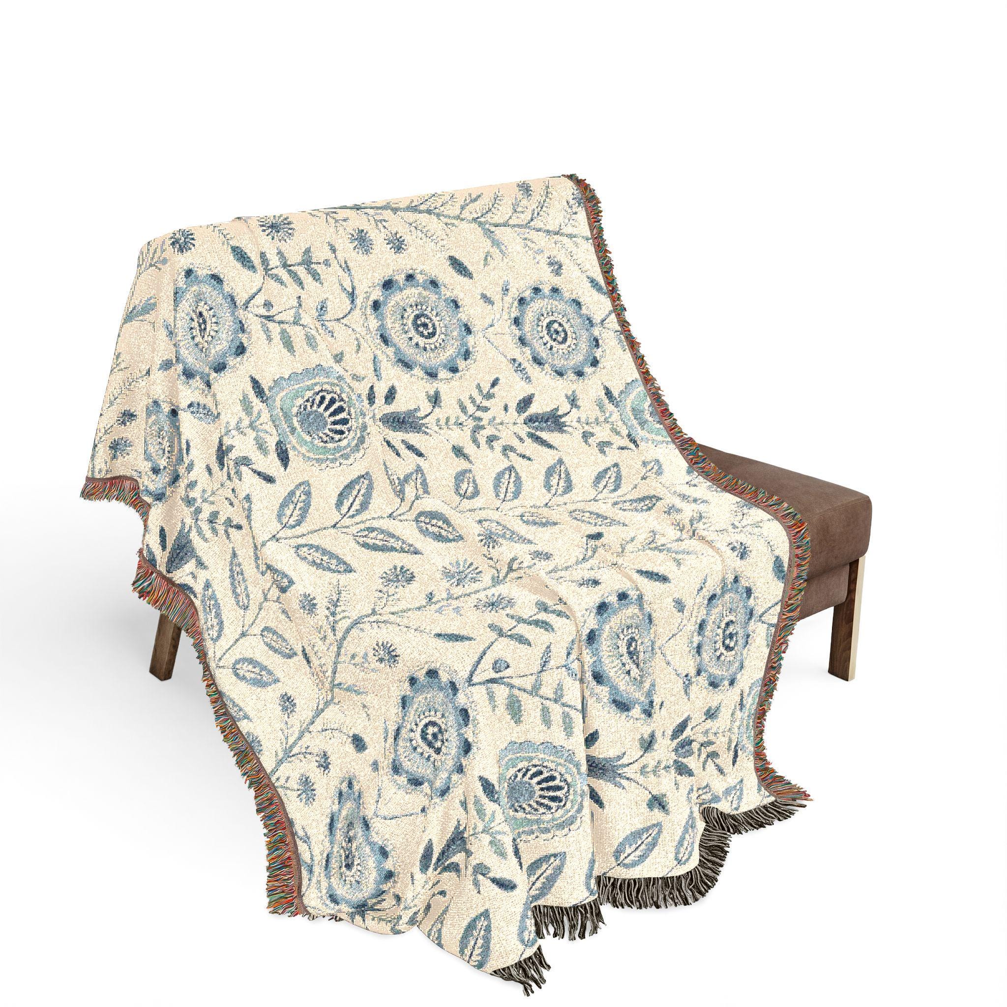 Floral Woven Cotton Throw Blanket With Fringe, Heirloom Cottage Style ...