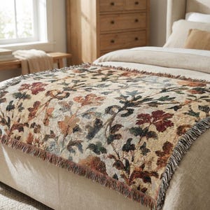 William Morris Inspired Cotton Woven Throw Blanket Vintage Floral Queen Blanket, Fall Home Decor, Jacquard Sofa Throw, Hostess Gift