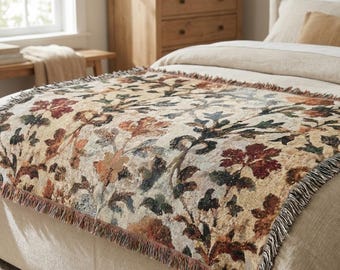 Coperta intrecciata ispirata a William Morris, coperta con arazzo floreale vintage, arredamento per la casa in stile boho cottagecore, accogliente coperta jacquard per divano