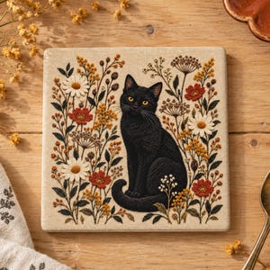 Könnte beinhalten: Ein quadratischer Untersetzer mit einer Stickerei einer schwarzen Katze in der Mitte, umgeben von detaillierten botanischen Illustrationen aus weißen Gänseblümchen, rostfarbenen Blüten und kleinen gelben Wildblumen auf einem hellbeigen Stoffhintergrund.