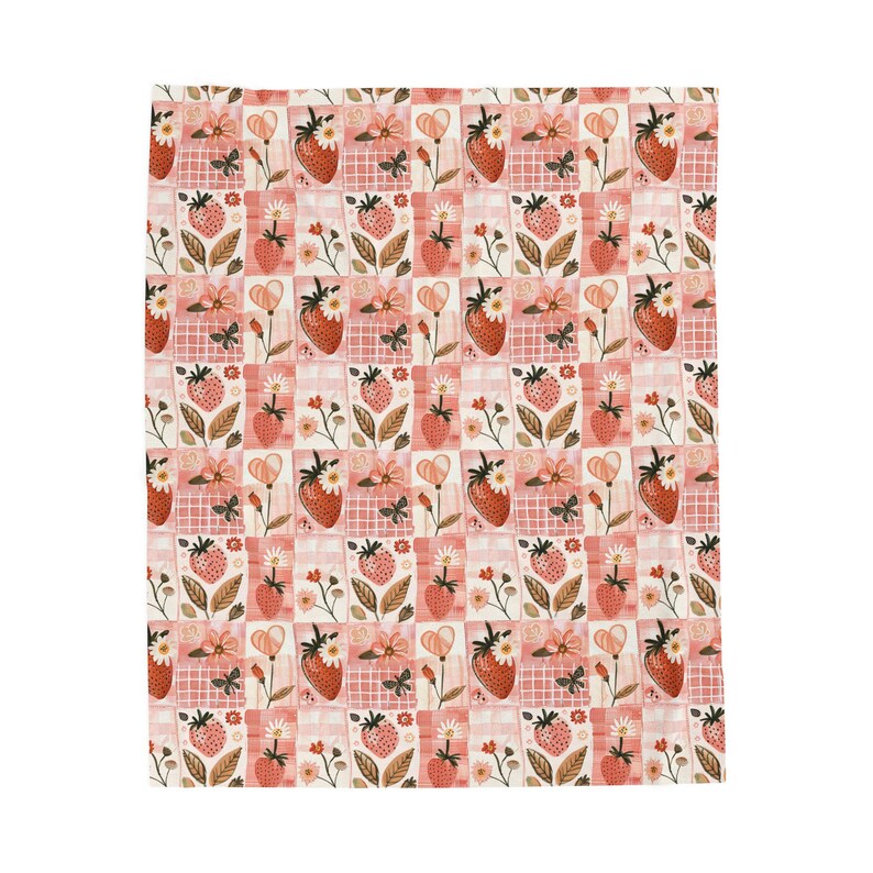 Strawberry Patchwork Velveteen Blanket, Cozy Cottagecore Throw, Lightweight Printed Quilt Blanket, Spring Easter Gift image 7