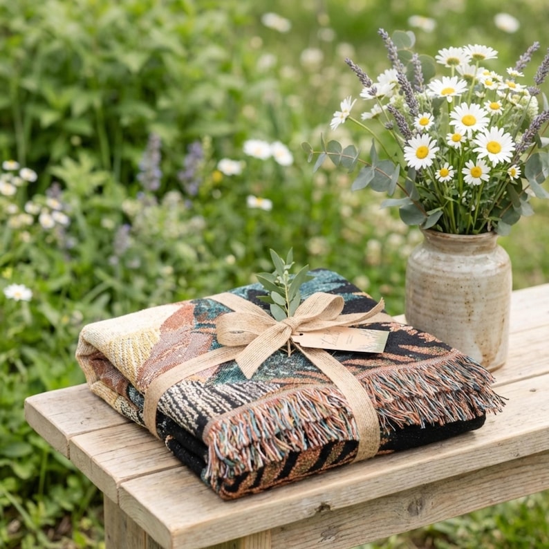 May include: A folded woven throw blanket with a brown ribbon and tag, resting on a wooden bench. The blanket features a mix of colors including black, tan, and teal. A vase of daisies and greenery sits nearby.