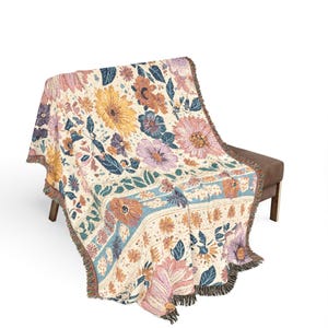 Vintage Floral Woven Blanket, Cottage Garden Throw, Botanical Cotton Blanket, Cottagecore Home Decor, Housewarming Gift for Gardener image 5