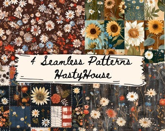 Nahtlose Herbst Sonnenblume, Gänseblümchen Cottagecore Patchwork Quilt Patterns Pack, digitaler Download PNG, kommerzielle Nutzung, Stoff, Sublimation
