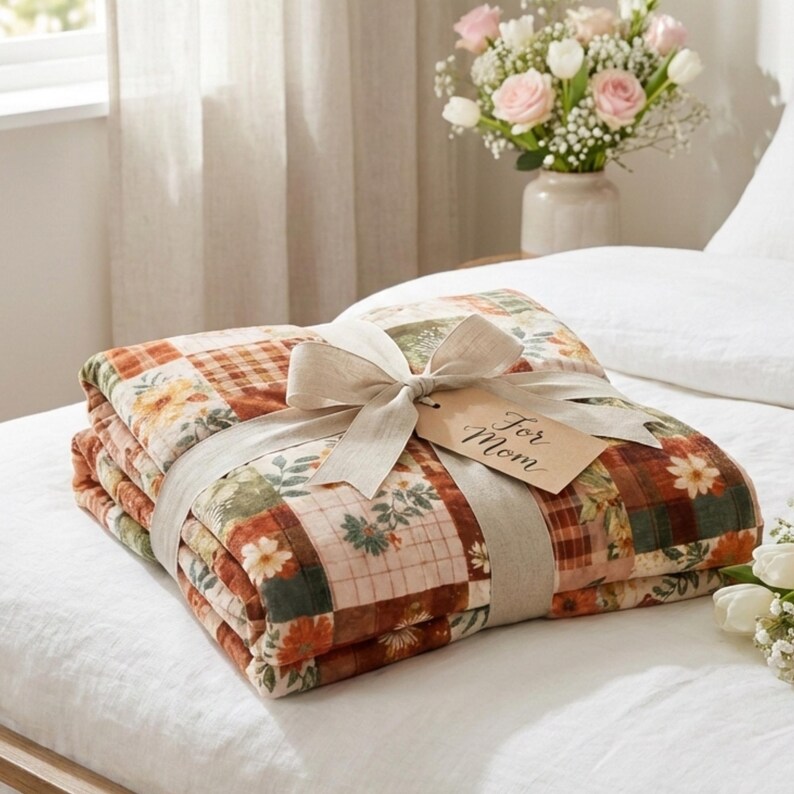 Printed Patchwork Velveteen Blanket, Lightweight Cottagecore Throw, Cozy Gift for Mom, Grandma Gift, Soft Farmhouse Decor image 5