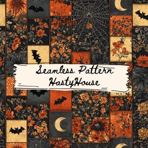 Könnte beinhalten: Ein nahtloses Muster mit einem Patchwork-Design, das florale und Halloween-Motive integriert. Das Design umfasst Fledermäuse, Monde und Spinnweben in Orange, Schwarz und Gold. Der Text "Seamless Pattern HastyHouse" wird auf einem cremefarbenen Banner angezeigt.