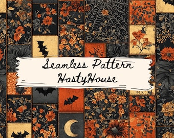 Patrón sin costuras de patchwork gótico con diseño floral de murciélago de Halloween, descarga digital / 300 DPI / Uso comercial