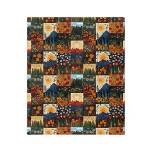 Manta de terciopelo ligera con estampado de montaña bohemia y patchwork, tapiz de bosque estilo cottagecore, decoración del hogar, regalo para actividades al aire libre. imagen 8