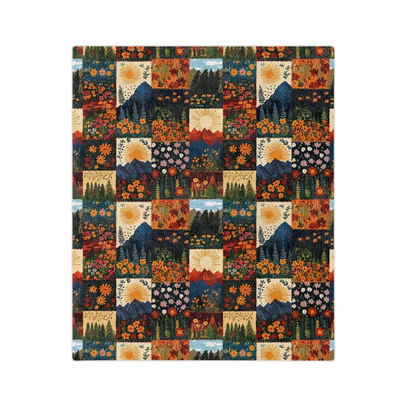 Manta de terciopelo ligera con estampado de montaña bohemia y patchwork, tapiz de bosque estilo cottagecore, decoración del hogar, regalo para actividades al aire libre. imagen 8