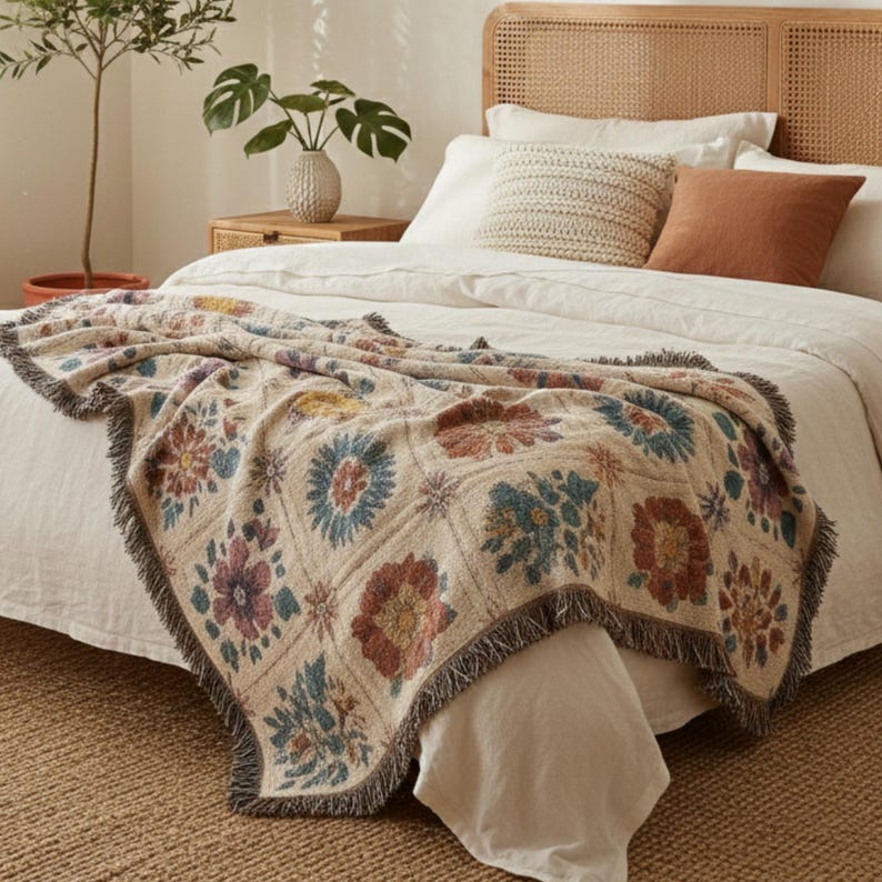 K&ouml;nnte beinhalten: Eine beige Tagesdecke mit einem Blumenmuster in Rot-, Blau-, Gelb- und Lilat&ouml;nen ist &uuml;ber ein Bett drapiert. Die Decke hat einen Fransenrand und liegt auf wei&szlig;er Bettw&auml;sche. Das Bett hat ein geflochtenes Kopfteil.