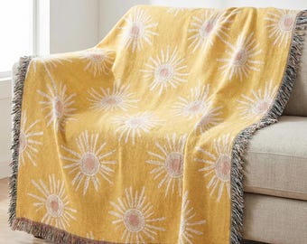 Sunshine Cotton Woven Blanket, Summer Beach House Throw, Coastal Yellow Sun Pattern, Housewarming Gift, Beach Wedding Gift