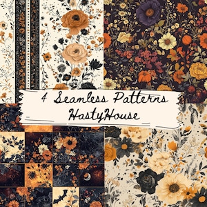 May include: Four seamless patterns with floral designs in shades of orange, black, and cream. The patterns include roses, sunflowers, and other flowers. The text "4 Seamless Patterns HastyHouse" is displayed on a banner.