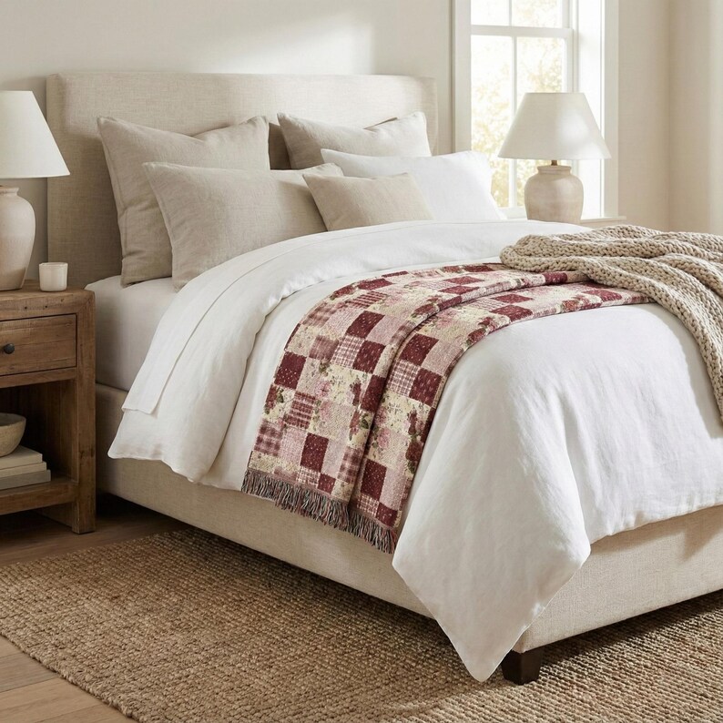 May include: A bed with a beige upholstered headboard and a white duvet. A patchwork quilt in shades of red, cream, and beige is draped across the foot of the bed. Beige pillows and a beige throw blanket complete the bedding.