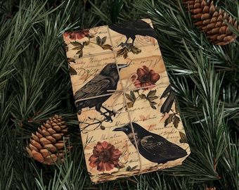 Vintage Crow Wrapping Paper Roll, Gothic Dark Academia Gift Wrap, Raven Ephemera, Poe Inspired, Halloween & Nature Lover Gift Packaging