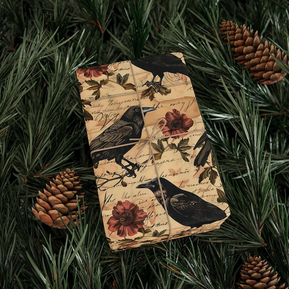 Vintage Crow Wrapping Paper Roll, Gothic Dark Academia Gift Wrap, Raven Ephemera, Poe Inspired, Halloween & Nature Lover Gift Packaging