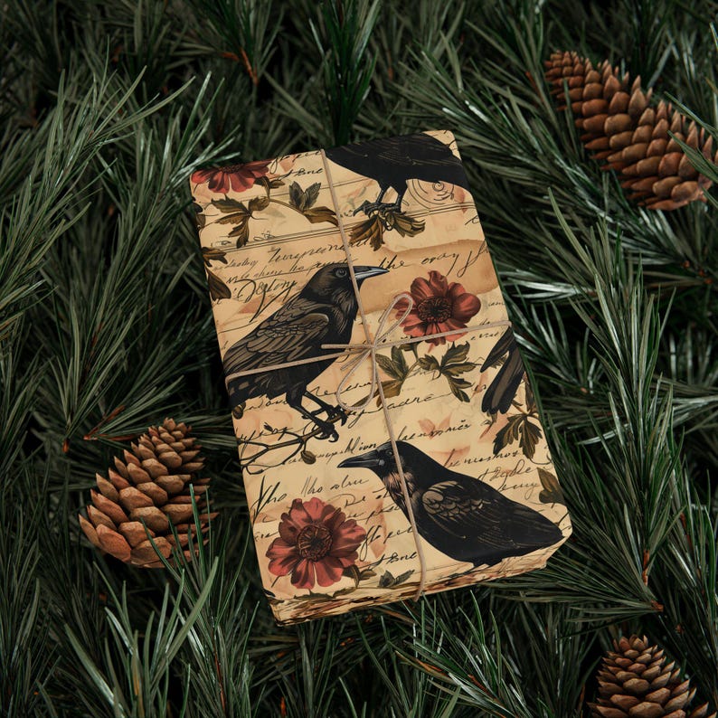 Vintage Crow Wrapping Paper Roll, Gothic Dark Academia Gift Wrap, Raven Ephemera, Poe Inspired, Halloween & Nature Lover Gift Packaging image 1