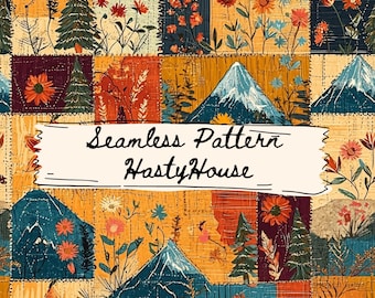 Mountain Patchwork Quilt Seamless Pattern | Digital Download | Commercial Use | Rustic Cabin, Fabric, Scrapbooking, Sublimation