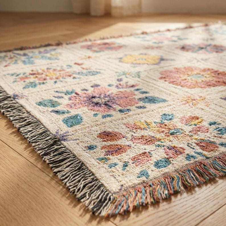 K&ouml;nnte beinhalten: Ein rechteckiger gewebter Teppich mit einem Blumenmuster in Pastellfarben. Der Teppich hat einen cremefarbenen Hintergrund mit Quadraten aus rosa, lila, gelben und blauen Blumen. Der Teppich hat einen Fransenrand.