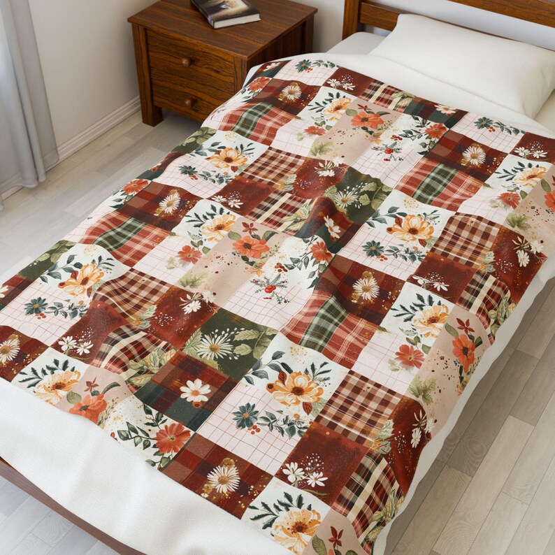Printed Patchwork Velveteen Blanket, Lightweight Cottagecore Throw, Cozy Gift for Mom, Grandma Gift, Soft Farmhouse Decor image 6