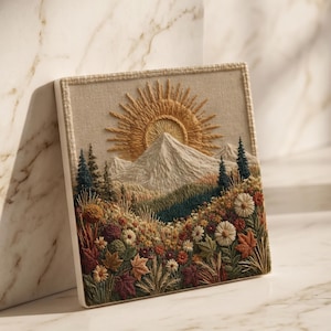 Pode incluir: Uma peça de bordado quadrada em tecido bege apresentando uma paisagem com um sol dourado nascendo sobre picos de montanhas brancas. A cena inclui pinheiros verde-escuros, um campo de flores silvestres coloridas e folhas de outono vermelhas e castanhas.