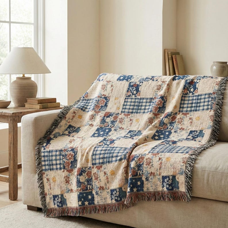 May include: A beige patchwork throw blanket with blue, white, and brown floral and gingham patterns. The blanket is draped over a beige sofa and has a fringed edge. The throw is a cozy home decor item.