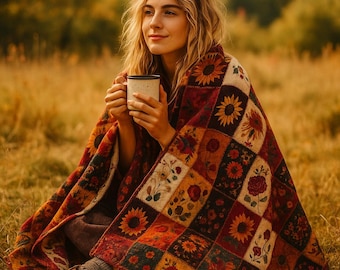 Printed Boho Patchwork Velveteen Blanket, Faux Quilt Floral Throw, Soft Cottagecore Sunflower Rose Queen Blanket, Gardening Gift