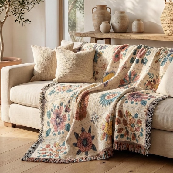 Boho Floral Cotton Woven Blanket with Fringe, Heirloom Patchwork Throw, Mothers Day Gift, Spring Cottagecore Home Decor