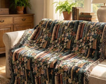 Wildflower Bookshelf Woven Throw Blanket, Dark Academia Cottagecore Tapestry Throw Boho Fringe, Book Lover Gift, Reading Nook Decor