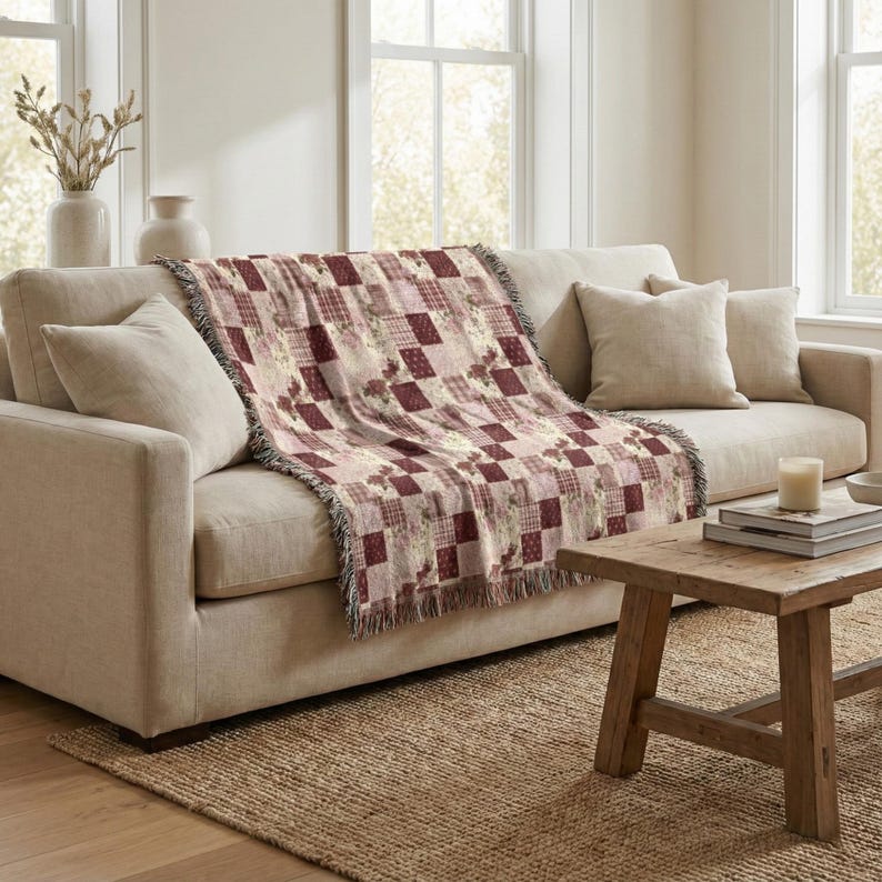 May include: A woven throw blanket with a patchwork design in shades of burgundy, cream, and beige is draped over a beige sofa. The blanket features a fringed edge and a repeating pattern of squares. The sofa has matching throw pillows.