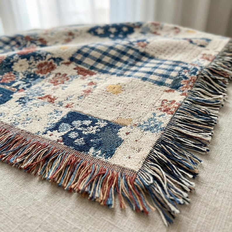 May include: A woven throw blanket with a patchwork design. The blanket features squares of floral, gingham, and solid patterns in shades of blue, cream, and red. The edges are finished with a fringe in coordinating colors.
