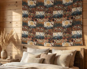 Tapisserie murale chalet de montagne, décoration chalet rustique, tenture murale paysage en patchwork, décoration chalet western, art textile nature douillet