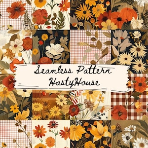 Op de afbeelding: Een naadloos bloemenpatroon met een patchwork-ontwerp. Het toont bloemen in oranje, geel en wit, tegen een geruite en donkere achtergrond. De tekst luidt "Seamless Pattern HastyHouse".