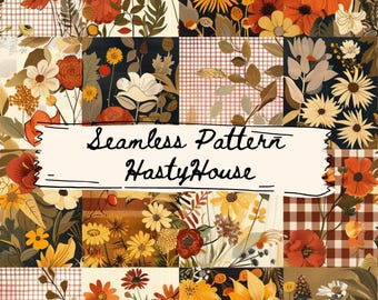 Herbst Blumen Patchwork Quilt Nahtlose Muster | Digitaler Download | Kommerzielle Nutzung | Stoffdruck, Scrapbooking, Sublimation, 300 DPI