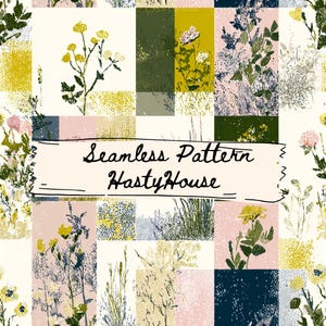 May include: A seamless pattern design featuring a grid of squares with floral and botanical illustrations. The color palette includes shades of yellow, green, pink, and navy. The text "Seamless Pattern HastyHouse" is displayed across the center.