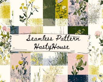 Floral Patchwork Seamless Pattern PNG, Quilt Style Cottagecore Fabric Design, Wildflower Botanical Digital Paper, PoD Commercial Use
