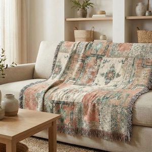 Wedding Gift Woven Blanket, Heirloom Cotton Patchwork Throw, Housewarming Gift, Vintage Rug Inspired, Neutral Boho Cozy Decor