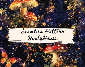 Wunderlich Pilz Schmetterling nahtlose Muster | Mythisches digitales PNG | Kommerzielle Nutzung | Stoff, Sublimation, POD, Kunsthandwerk