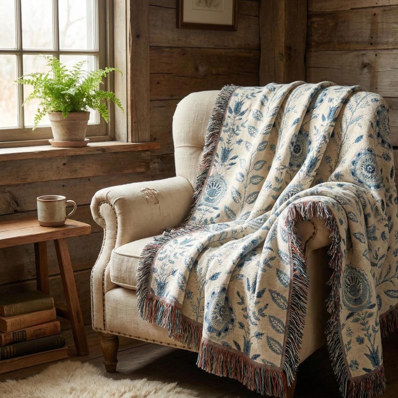 Pu&ograve; includere: Una coperta color crema con un motivo floreale blu drappeggiata su una poltrona beige. La coperta ha un bordo con frange con dettagli rossi e marroni. Un tavolino in legno contiene una tazza e libri, con una felce in vaso sullo sfondo.